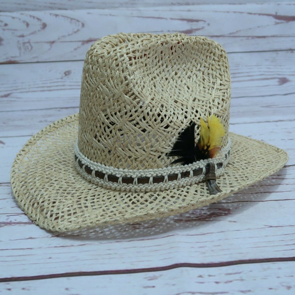 BAILEY U-ROLLIT Straw Western Rodeo Hat Brown Ribbon/Orange Feather - Size 6 3/4